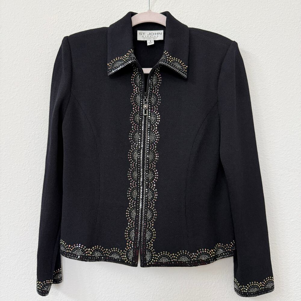ST. JOHN EVENING by Marie Gray Embellished Knit Jacket Black Zip‎ Front USA